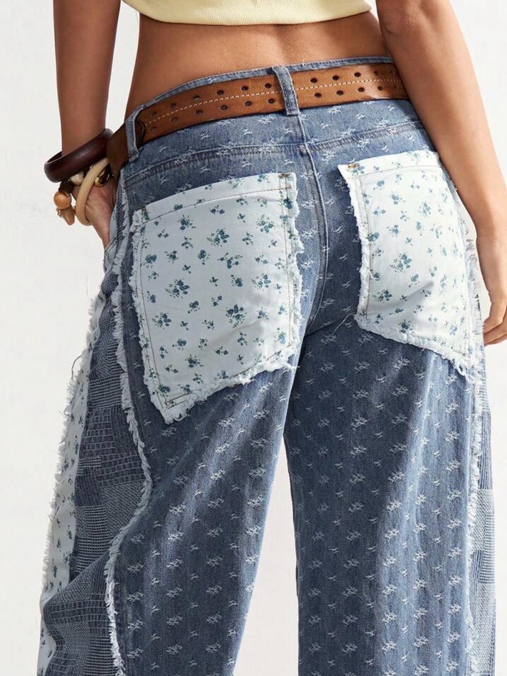 Light Blue Floral Patchwork Wide-Leg Jeans
